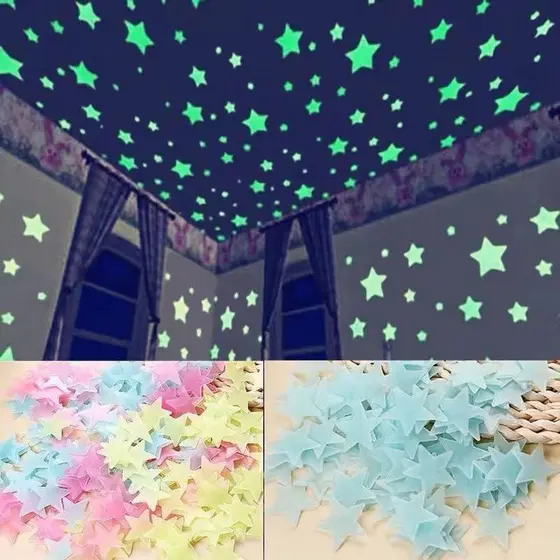 Adesivos De Estrela Que Brilham No Escuro 100 Unidades-Decalques Temáticos De Néon Para Crianças , Teto E Quarto , Decor