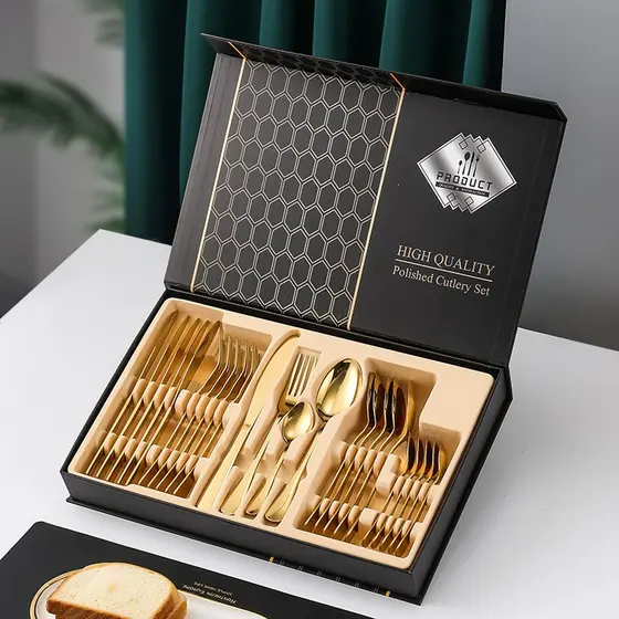 Jogo/KIT Talheres Faqueiro Inox Dourado Polidos de Alta Qualidade 24 Peças Premium Luxo Com Maleta