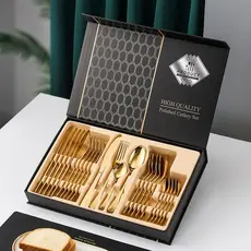 Jogo/KIT Talheres Faqueiro Inox Dourado Polidos de Alta Qualidade 24 Peças Premium Luxo Com Maleta