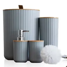 Kit Banheiro 4 Peças Tampa de Bambu Lixeira Escova Sanitária Porta Escovas Design Moderno Luxo
