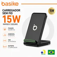 Basike Carregador Sem Fio 15W Suporte Dobrável Carregamento Rápido Compatível iPhone Samsung Xiaomi USB-C