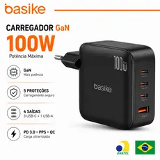 Basike Carregador Turbo GaN 100W 4 Portas 3 USB-C USB-A PD PPS QC Carregador Rápido iPhone 16 15 Samsung Notebook