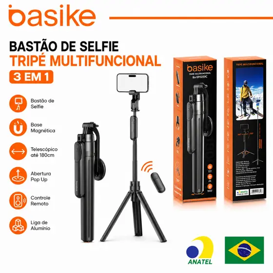Basike Bastão de Selfie Magnético 180cm com Tripé Bluetooth Controle Remoto MagSafe Ajustável para iPhone Android