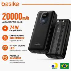 Basike Power Bank 20000mAh Carregador Portátil com Cabo Lightning Integrado Display LED USB-C Carga Rápida