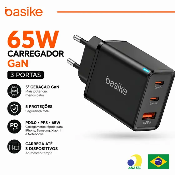 Basike Carregador de Parede GaN 65W Turbo PD3.0 PPS 2 USB-C + USB-A Carga Rápida para Notebook iPhone Samsung Xiaomi