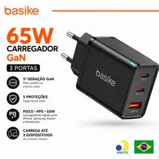 Basike Carregador de Parede GaN 65W Turbo PD3.0 PPS 2 USB-C + USB-A Carga Rápida para Notebook iPhone Samsung Xiaomi