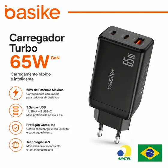 Basike 65W Carregador GaN Turbo 3 Portas USB-C USB-A PD PPS Para iPhone Samsung Xiaomi