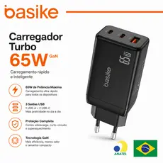 Basike 65W Carregador GaN Turbo 3 Portas USB-C USB-A PD PPS Para iPhone Samsung Xiaomi