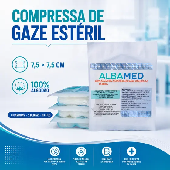 Compressa Gaze Esterilizada 13 Fios Algodão Alta Qualidade Curativos kit 25/50/75/100 Pacotes