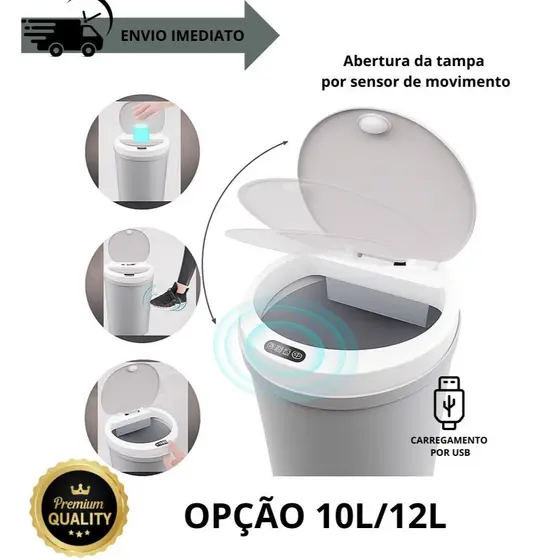Lixeira Inteligente Automática Sensor de Movimento 10L/12L Com Bateria Embutida Acompanha Cabo USB