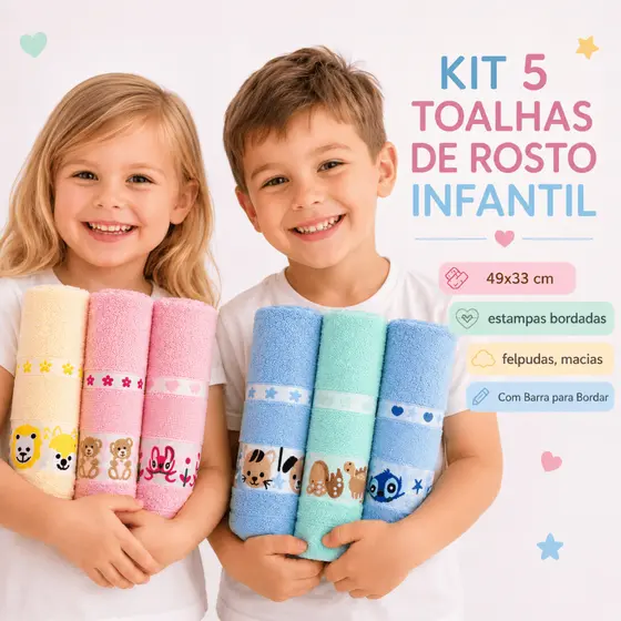 Kit 5 Toalhas de Mão Infantil Escolar para Bordar Nome Ponto Cruz 49x33 cm