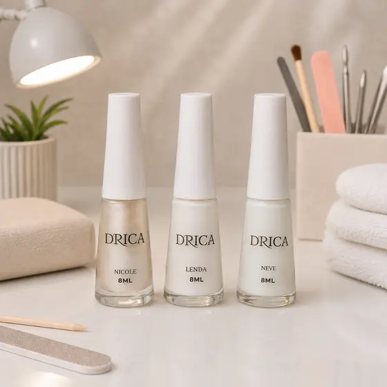 Kit 3 Esmaltes Drica Francesinha Branco Transparente Pérola Secagem Rápida Alta Cobertura Brilho Intenso 8ml