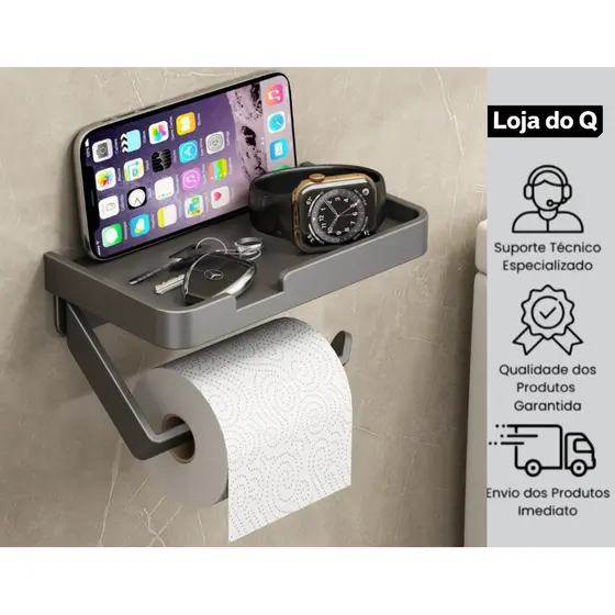 Suporte Preto Porta Papel Higienico e Suporte para Celular Papeleira Com Adesivo