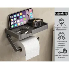 Suporte Preto Porta Papel Higienico e Suporte para Celular Papeleira Com Adesivo