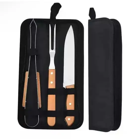 Kit de Churrasco Conjunto de 3 Peças Aço Inox Com Estojo Kit Churrasqueiro Presenteável