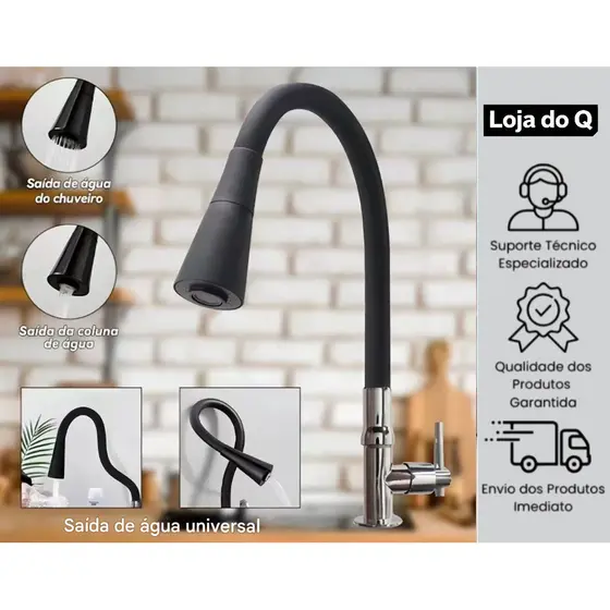 Torneira de cozinha preta montada na parede com Sprinkler duplo flexível, 360°Ângulo giratório