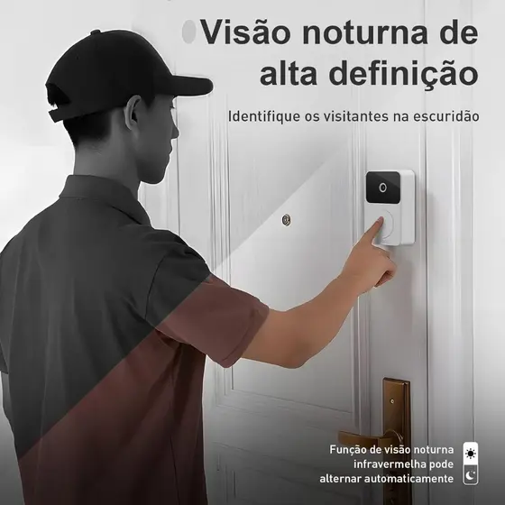 Campainha de vídeo doméstica inteligente sem fio Wi-Fi de alta definição, com câmera, visível através do telefone celula