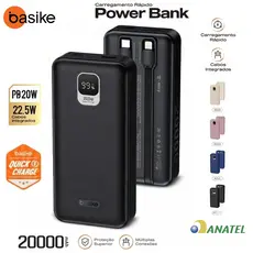 Carregador Portátil Basike 30000mAh/20000mAh/10000mAh Power Bank 22.5W Turbo Carga Rápida Cabo Embutido Tipo C/iPhone