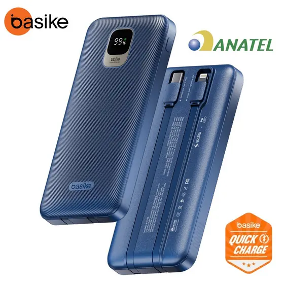 Basike Power Bank 20000mAh/10000mAh  Portátil Display Digital Carregamento Rápido 2 portas + 2 Cabos Universal Azul