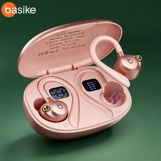Basike Fone de Ouvido Bluetooth Sem Fio HiFi TWS com Ear Clip Gancho Bluetooth5.4 Graves Fortes e 3D Surround HiFi 10h