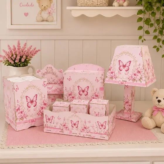Kit Higiene Bebê 8 Peças Jardim Rosa MDF Decorado Completo Quarto Infantil Novidade