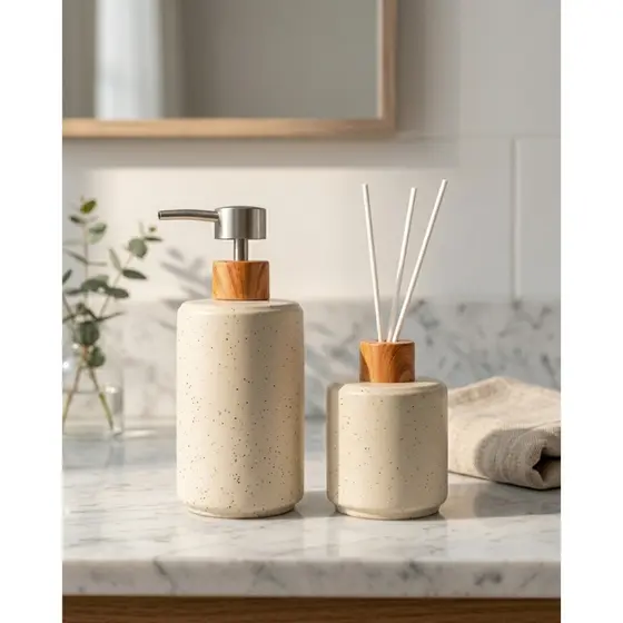 Kit Banheiro Porta Sabonete Liquido e Escova Em Porcelana Premium Elegante e Sofisticado