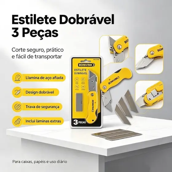 Bomvink Estilete Dobrável Alta Segurança – Lâminas Extras – Dobrável com Trava