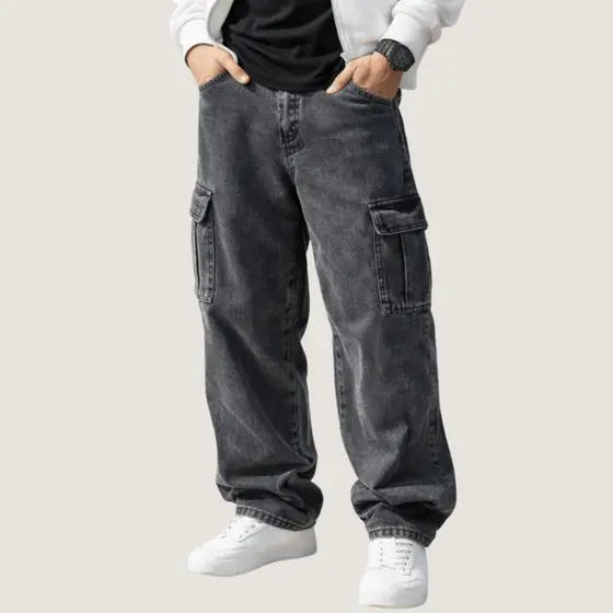 Calça Jeans Masculina Cargo Bag Street Grafite 100% Algodão Elástico na Cintura Larga Conforto Urbano Moda Streetwear