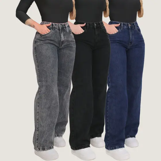 Kit 3 Calças Jeans Femininas Wide Leg Pantalona Cintura Alta Casual Moderna Urbana Confortável