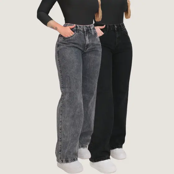 Kit 2 Calças Jeans Femininas Wide Leg Pantalona Cintura Alta 100% Algodão Casual Urbana Moderna