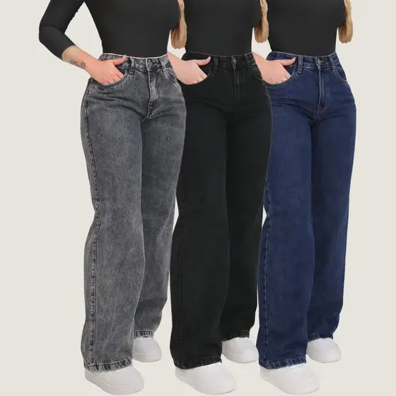 Kit 3 Calça Jeans Wide Leg  Pantalona Cintura Alta Jeans