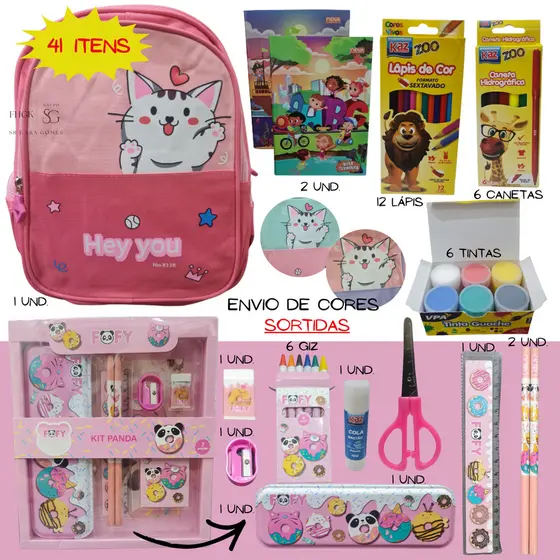 Kit Escolar com ou sem Mochila Completo 41 itens Menino e Menina Serie Primaria