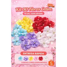 Flores de cetim para artesanato 5 petalas cetim com strass 4 cm kit 30 unidades Aplique tiara