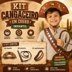 Cangaceiro Infantil cartucheira chapéu lampião e chicote em couro kit