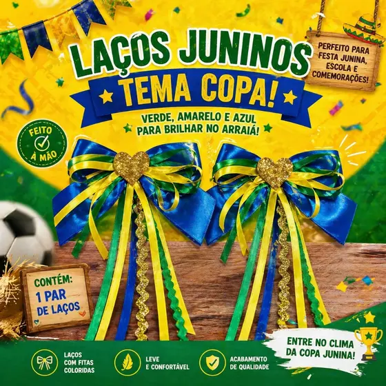 Laço Festa Junina Tema Copa Brasil Par de Bico de Pato