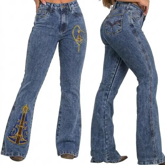 Calça Jeans Feminina Country Com Lycra Cintura Alta Padrão premium