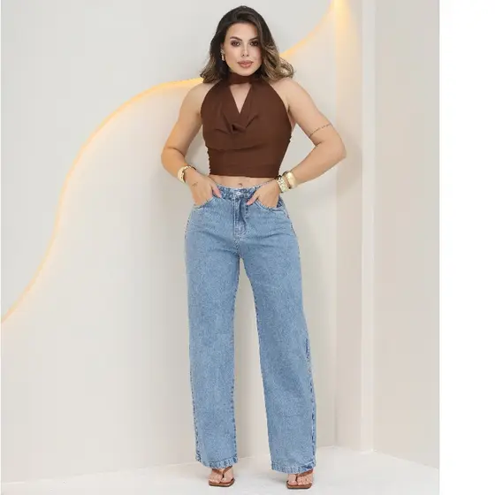 Calça Jeans Wide Leg Feminina Pantalona 100% Jeans Tecido Grosso