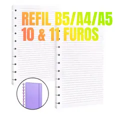 Kits A4/B5/A5 Refil de Folhas com 11 10 Furos de Discos Pautadas para Caderno Universitário