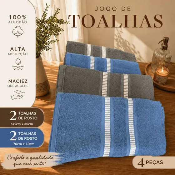 Jogo 4 Toalhas De Banho e Rosto Algodão 2 Banho + 2 Rosto Conforto Macia E Absorvente Cores Aleatoria