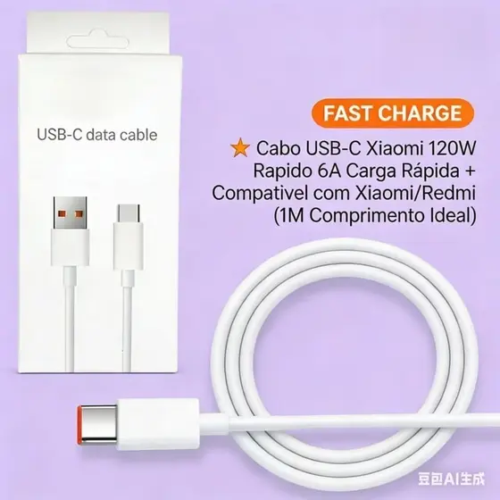 Cabo Turbo 6A para Xiaomi 1m USB Tipo-C ou Tipo-C x Tipo-C| Carregamento Rápido e Dados