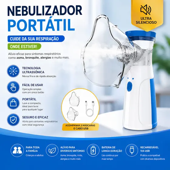 Nebulizador Portátil Ultrassônico Silencioso Mini Inalador para Adultos e Crianças