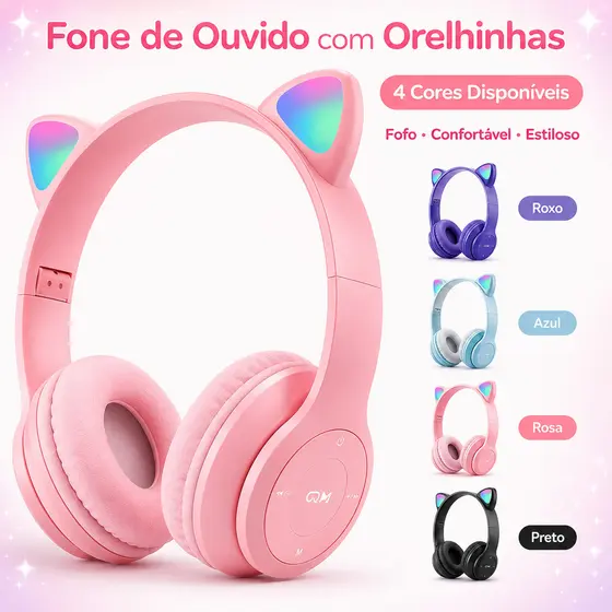 Fone de ouvido Bluetooth sem fio Infantil Orelha Gatinho, com redução de ruído e LED colorido