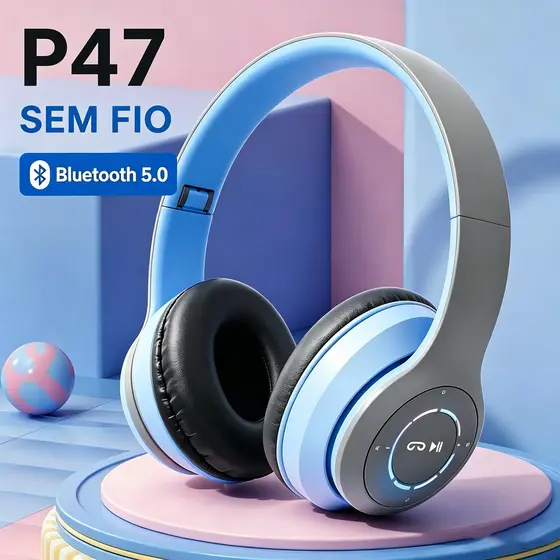 Headphone Bluetooth Sem Fio com Microfone Estéreo Dobrável Redução de Ruídos para Música Chamadas