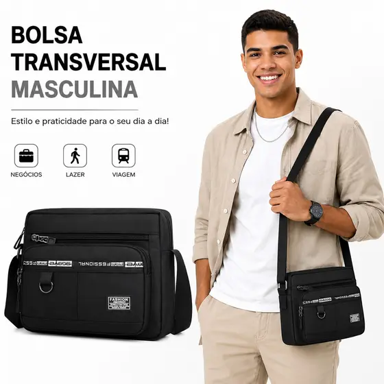 Bolsa Transversal Masculina Casual Resistente com Vários Compartimentos para Uso Diário
