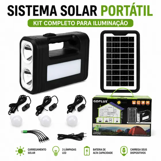 Kit Bateria Portátil com Painel Solar e 3 Lâmpadas LED para Pesca Camping