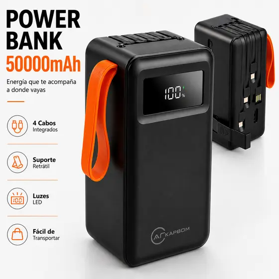 Power Bank 50000mAh 22.5W Turbo Carregamento Rápido com Cabos Integrados 4 em 1 e Lanterna LED