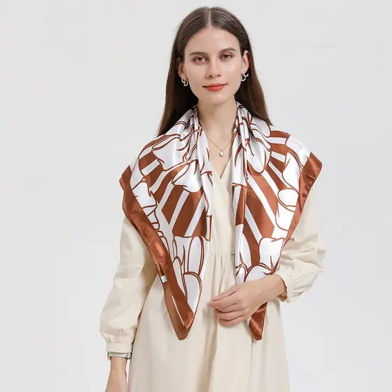 Lenço feminino cetim quadrado grande estampa folhas geométrica, 5 cores elegantes, cachecol xale moda praia bandana 90cm