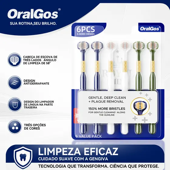 OralGos Pacote Familiar de Escova de Dentes de Três Lados