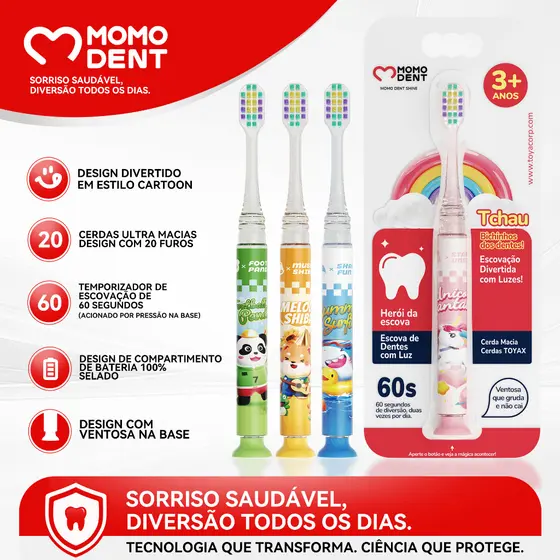 MOMODENT Escova Dental Infantil com Timer de Luz de 60s ,Indicada +3 Anos,Base Ventosa