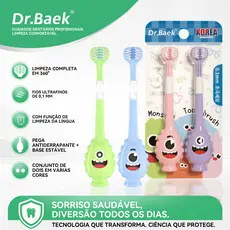 Dr.Baek Escova Dental Infantil U-Shape 3 Lados Limpa 3x Mais Rápido,Cerdas 0.1mm Macias+Raspador Língua,3-12 Anos